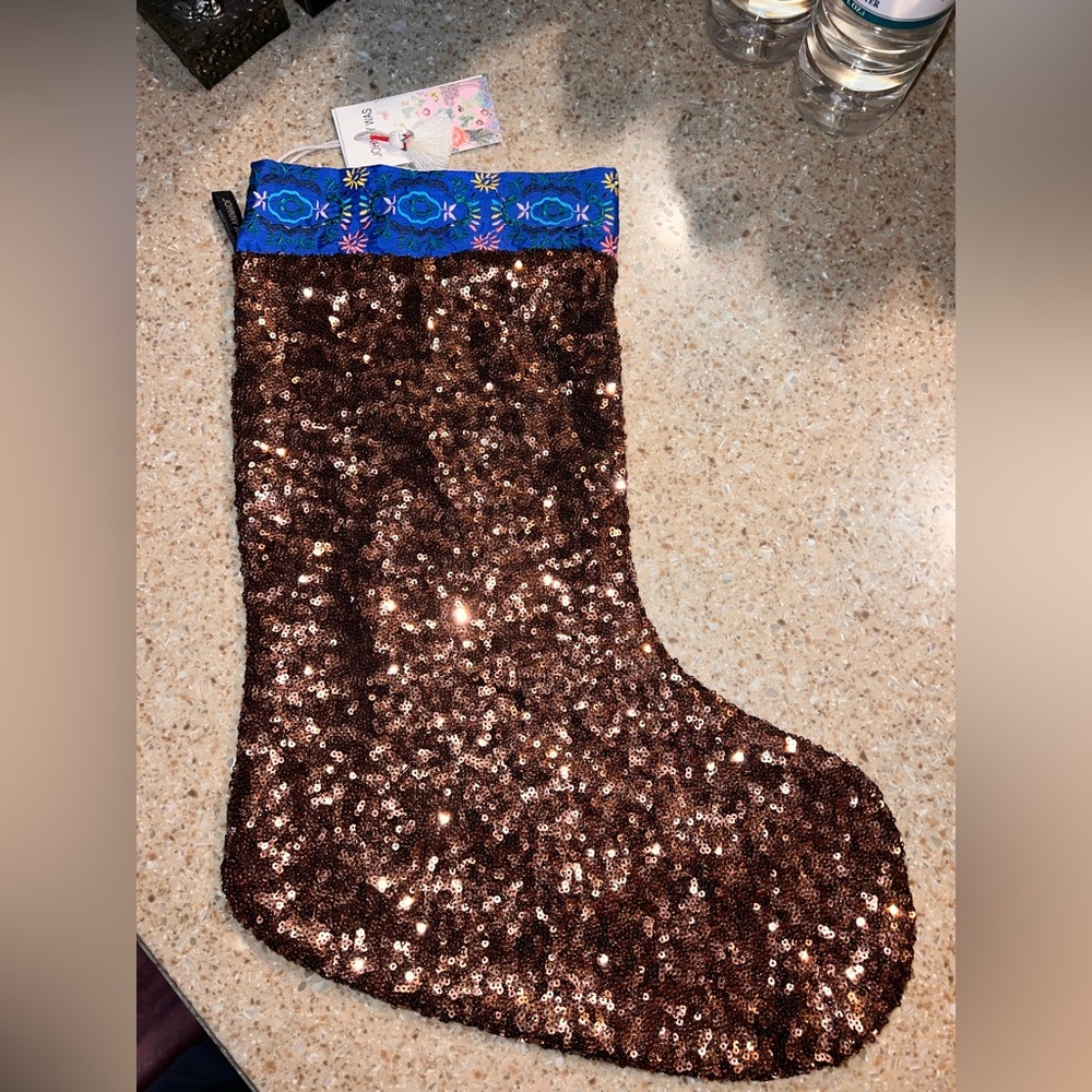 JOHNNY WAS Gold Holiday Sequin Christmas Stocking Embroidered NWT